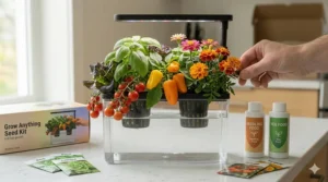 Illustration showing the versatility of the grow anything seed kit with flowers, peppers, and basil.