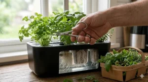 Illustration of fresh basil and thyme being harvested from a mature gourmet herb seed pod kit.