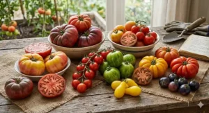 A wide assortment of heirloom tomato varieties showing different shapes, sizes, and colors like Purple Cherokee and Brandywine.