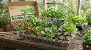 Illustration showing different plants like basil and lettuce growing from a 128 pack kit.