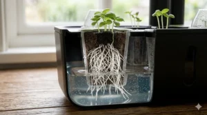 Cross-section view of healthy white roots growing from a gourmet herb seed pod into water.