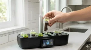 A hand placing a pre-seeded AeroGarden pod into the grow deck of an indoor garden system.