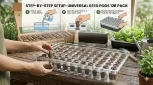 Simple three-step graphic showing how to place universal seed pods into a garden slot.