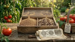 Comparison of hybrid disease-resistant tomato seeds and traditional heirloom varieties for home gardens.