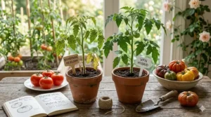 A healthy hybrid tomato plant standing resiliently next to a withered plant, illustrating superior disease resistance.