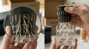 Diagram of healthy white root systems growing downward from a grow anything seed kit basket.