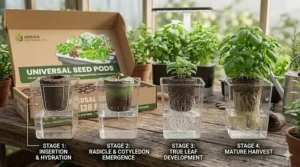 A step-by-step illustration of seeds sprouting from a pod over three weeks.