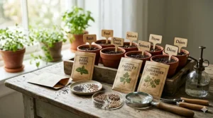 A collection of organic herb seeds for indoor growing including basil, parsley, and cilantro.