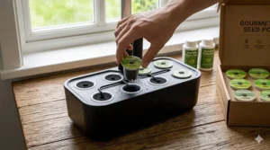 Close-up illustration of a hand inserting a gourmet herb seed pod into an indoor garden grow deck.