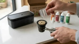 Close-up illustration of placing custom seeds into the grow anything seed kit starter sponges.