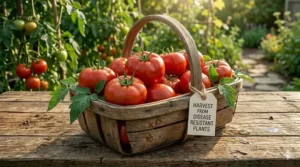 A wooden basket filled with ripe red tomatoes harvested from late blight resistant plants.