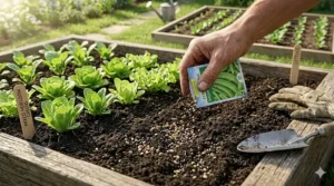 Hand scattering mixed heirloom lettuce seeds into a raised garden bed for a spring harvest.