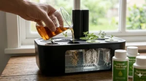 Illustration showing the process of adding liquid plant food to a gourmet herb seed pod kit system.