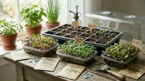 A colorful illustration showing the rapid growth cycle of microgreens seeds for indoor growing.