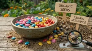 A garden scene showing how organic seeds develop natural resilience to local pests without synthetic intervention.