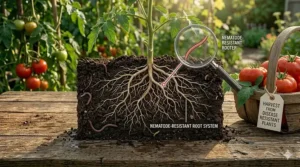 Illustration of a healthy, strong tomato root system developed from nematode-resistant seeds.