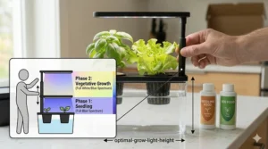 Illustration showing the adjustable height of grow lights for a grow anything seed kit at different growth stages.