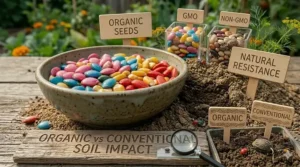 Illustration of healthy soil ecosystems supported by organic seeds vs conventional farming's impact on soil biology.