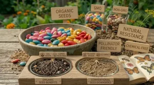 A conceptual illustration of the long-term environmental and health benefits of choosing organic seeds over conventional options.