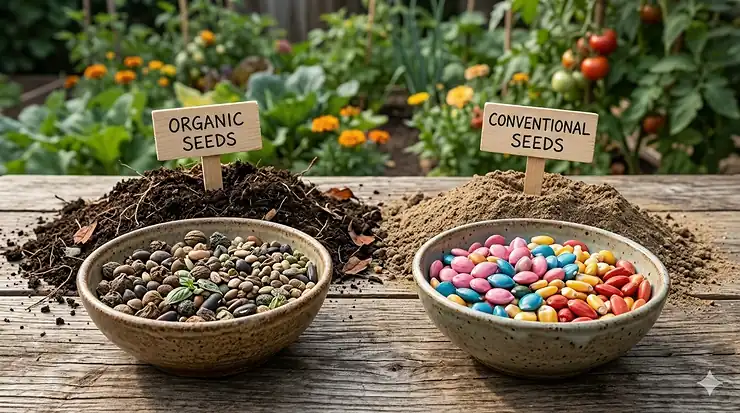 A side-by-side comparison of organic seeds in a wooden bowl versus conventional treated seeds, illustrating the visual differences in texture and coating. organic seeds vs conventional