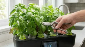 Trimming mature basil plants growing from AeroGarden seed pods to encourage bushier growth.