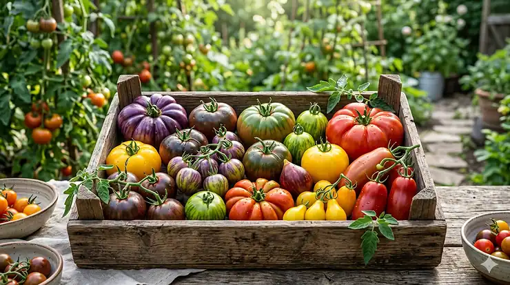 A wooden crate overflowing with a colorful harvest of rare heirloom tomato varieties in shades of purple, yellow, and striped green.