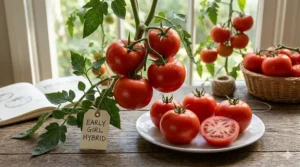 A cluster of bright red hybrid tomatoes growing on a vine, showing perfectly uniform shape and size.