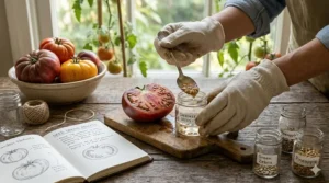 A gardener scooping out seeds from a ripe heirloom tomato for planting next season, highlighting true-to-type reproduction.