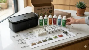 Illustration showing the contents of a grow anything seed kit including sponges, baskets, and nutrient food.