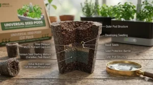 Detailed illustration of the organic peat and nutrient layers inside a universal seed pod.