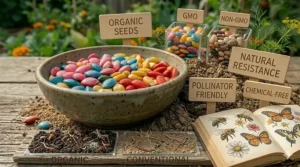 A timeline illustration showing the lifecycle of organic seeds from planting to harvest in sustainable agriculture.