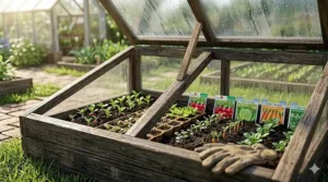 Illustration of spring vegetable seeds sprouting under the protection of a garden cold frame.