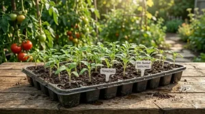 Robust green tomato seedlings grown from disease-resistant seeds in a starter tray.