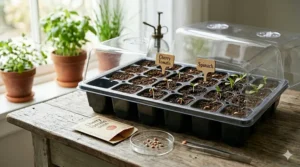 An illustration of a seedling tray showing seeds for indoor growing beginning to sprout under a humidity dome.