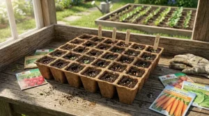 A biodegradable coir seed starting tray filled with dark, textured soil and newly sown spring vegetable seeds, resting on a weathered wooden potting bench.