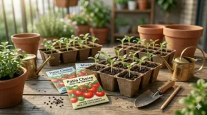 Close-up of organic tomato seeds being planted in a biodegradable seed starting tray.