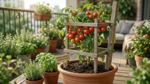 Illustration of a small tomato cage providing support for container-grown tomatoes.
