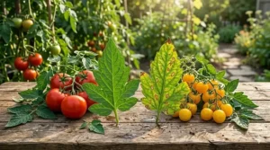 A side-by-side comparison of a blight-resistant tomato leaf versus a leaf infected with early blight.