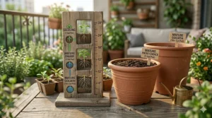 Illustration showing the ideal 5-gallon pot size for growing tomatoes from seeds on a balcony.