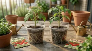 Diagram comparing the compact root system of container tomato seeds versus garden varieties.