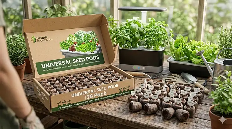 A complete 128 pack of universal seed pods arranged neatly for indoor hydroponic gardening. universal seed pods 128 pack