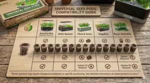 Compatibility chart showing universal seed pods fitting various indoor garden brands.