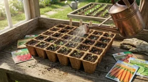 A gentle copper watering can misting newly germinated spring vegetable seeds in a sunny greenhouse window, resting on a weathered wooden potting bench.