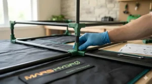 Steel interlocking poles of a 2x4 grow tent frame being assembled for a sturdy indoor garden.