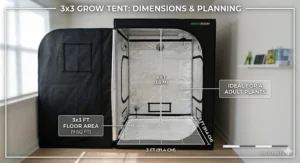 Technical illustration showing the floor space and height measurements of a standard 3x3 grow tent.