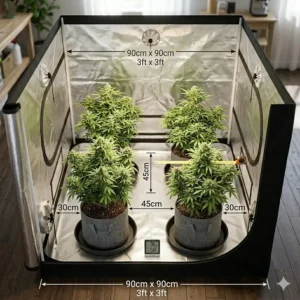 Technical diagram showing the interior floor space and plant spacing for a 3x3 grow tent setup.