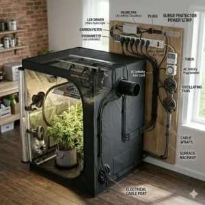 Illustration of safe cord management and power strip placement for a 3x3 grow tent setup.