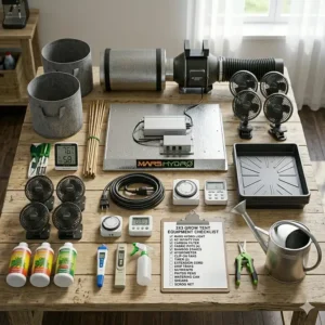 A visual checklist of essential equipment for a 3x3 grow tent setup including pots, fans, and timers.