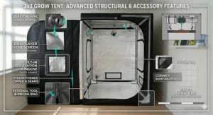 Illustration highlighting the observation window, dual-cinching duct ports, and tool bag on a 3x3 grow tent.