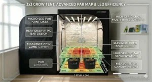 Infographic showing the PAR map and light coverage area for an LED grow light in a 3x3 square grow space.